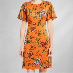 Ann Taylor Factory Dress 14P Satin Floral  Orange Multicolor Short Sleeve 11/2